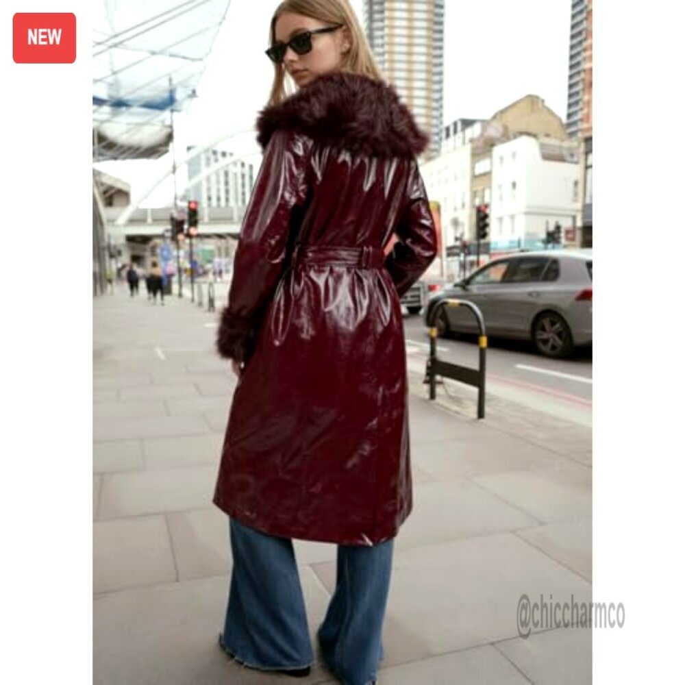Leather Coat with Faux Fur Trim Belted Long Elegant Chic Outerwear - Picture 3 of 7